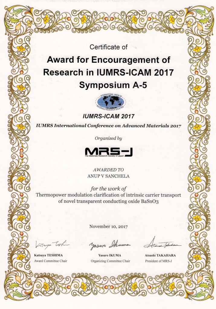 Award certificate IUMRS-ICAM 2017